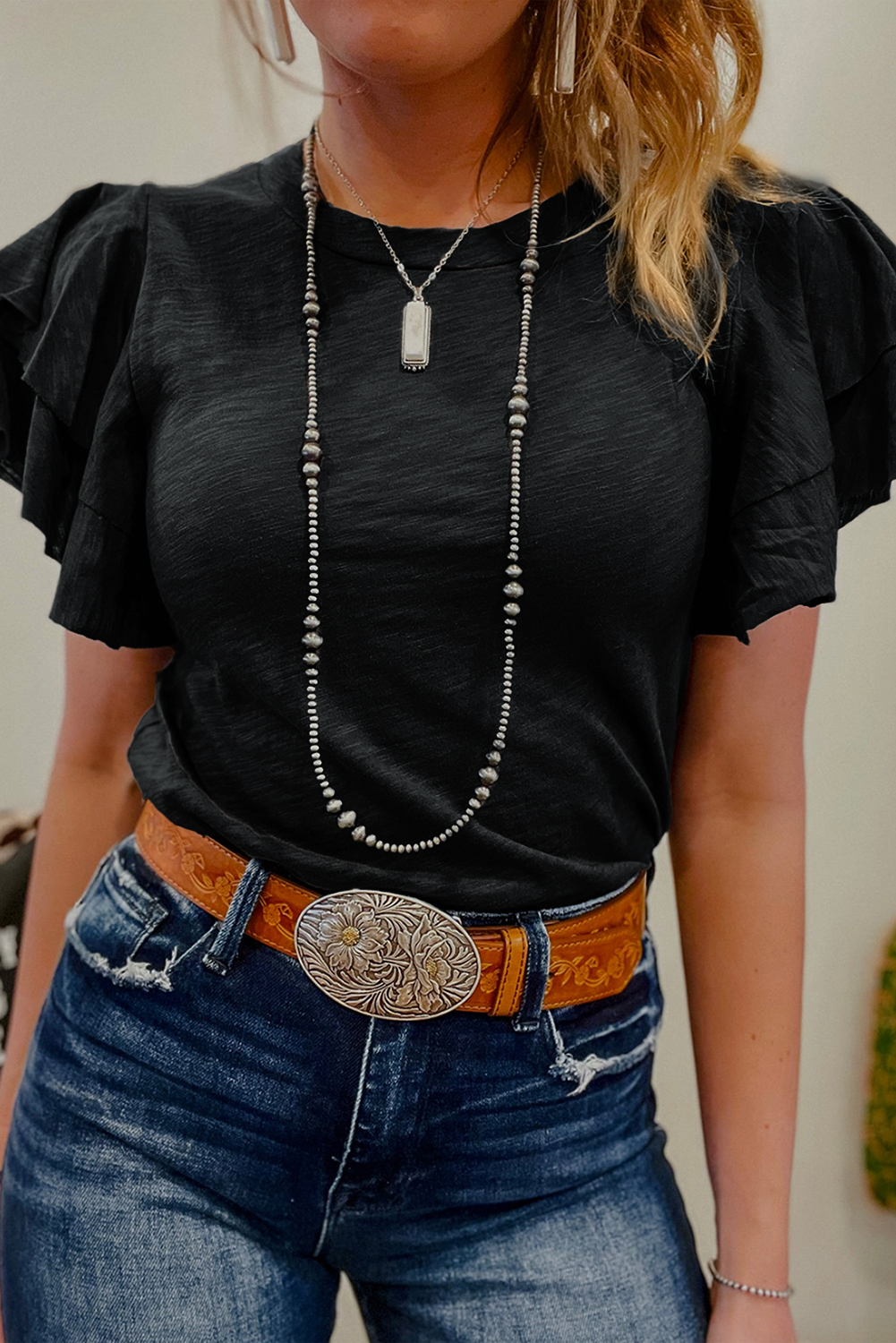 Black Layered Ruffle Short Sleeve Round Neck Top - Image 5