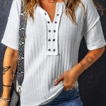 White Textured Hollow Grommet Placket Split Neck Short Sleeve Top