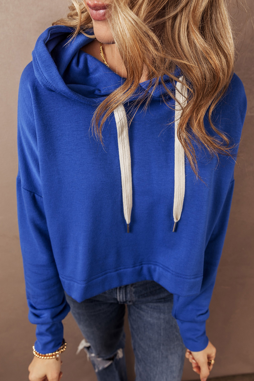 Dark Blue Solid Drop Shoulder Drawstring Cropped Hoodie - Image 6