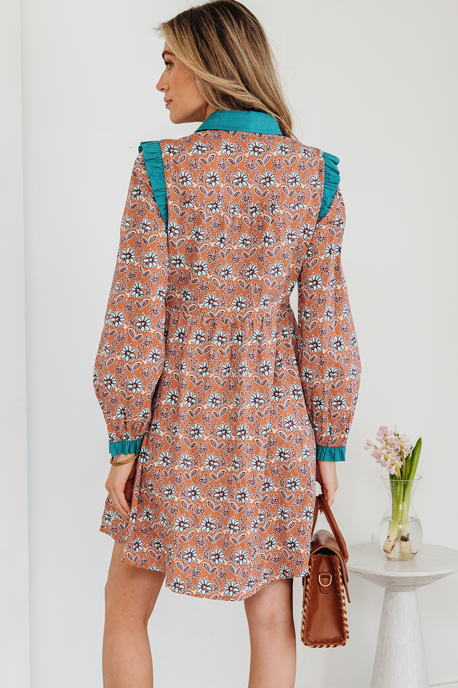 Orange Boho Floral Contrast Collared Shirt Mini Dress - Image 2