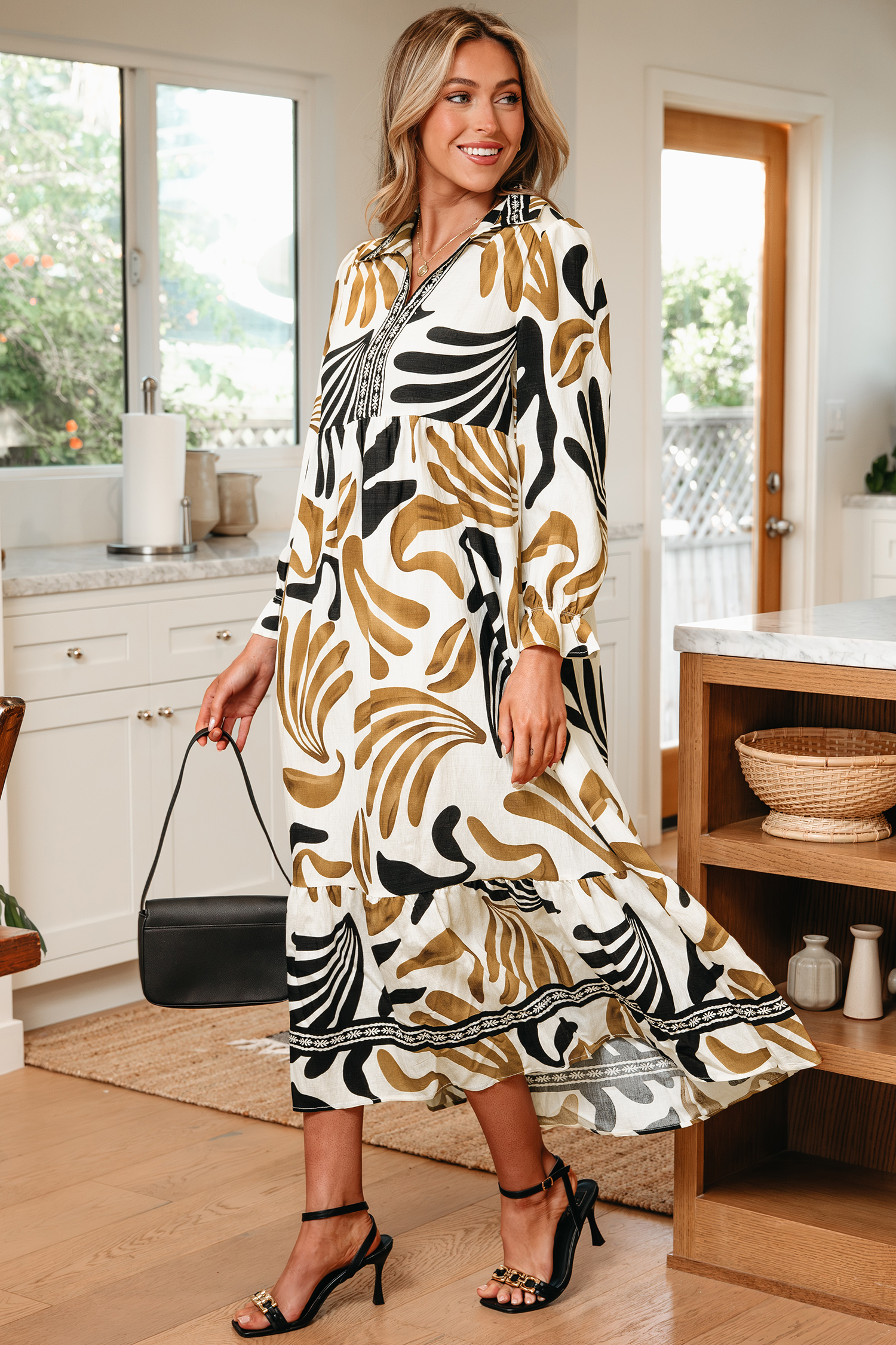 Brown Tropical Printed Contrast Trim Neck Long Sleeve Ruffle Hem Dress - Image 4