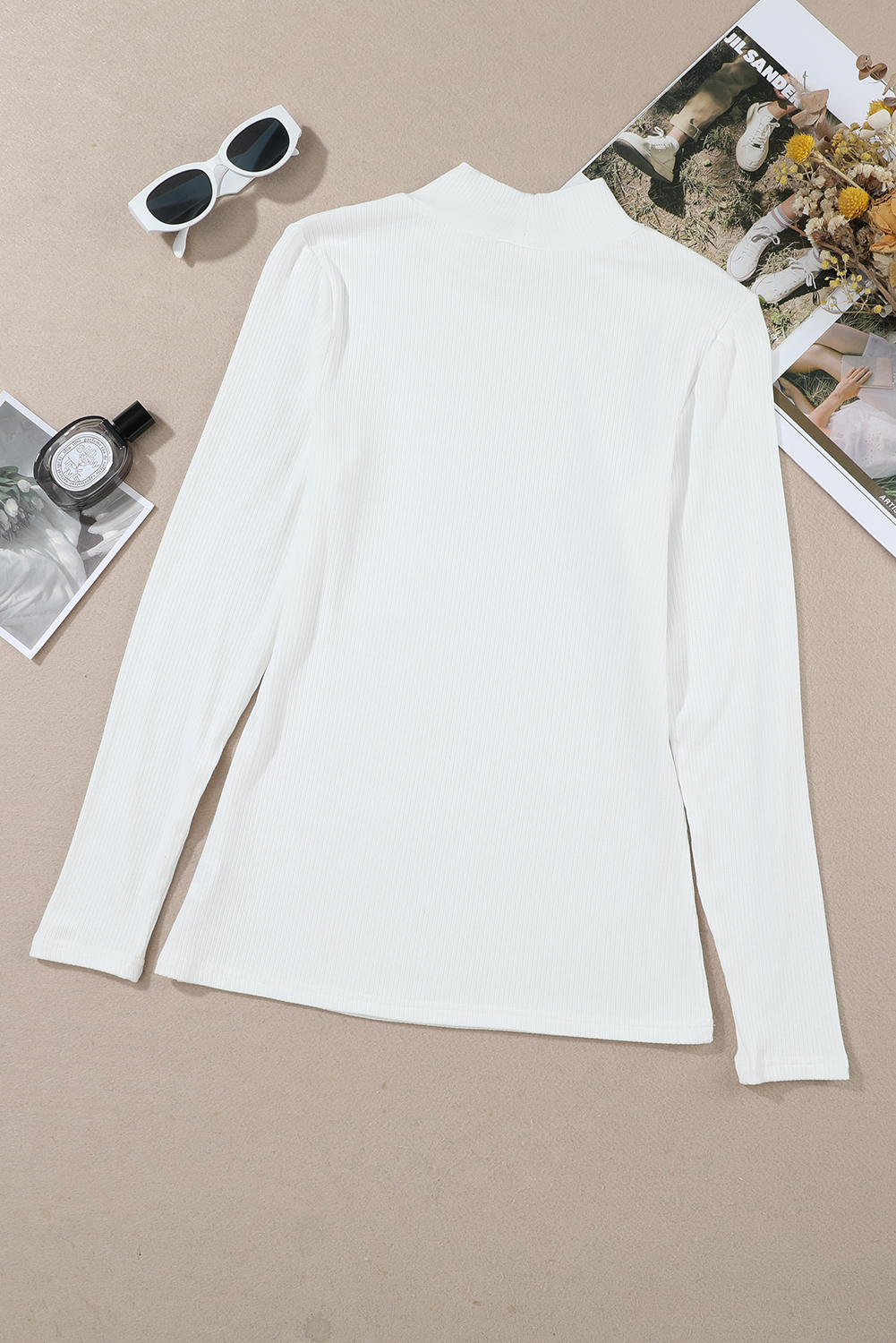 White Ribbed Knit High Neck Long Sleeve Top - Image 5