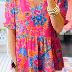 Rose Floral Print Puff Sleeve V Neck Blouse