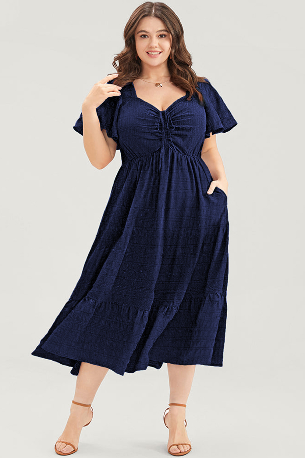 Blue Plus Size Short Sleeve Lace-up High Waist Midi Dress - Image 6