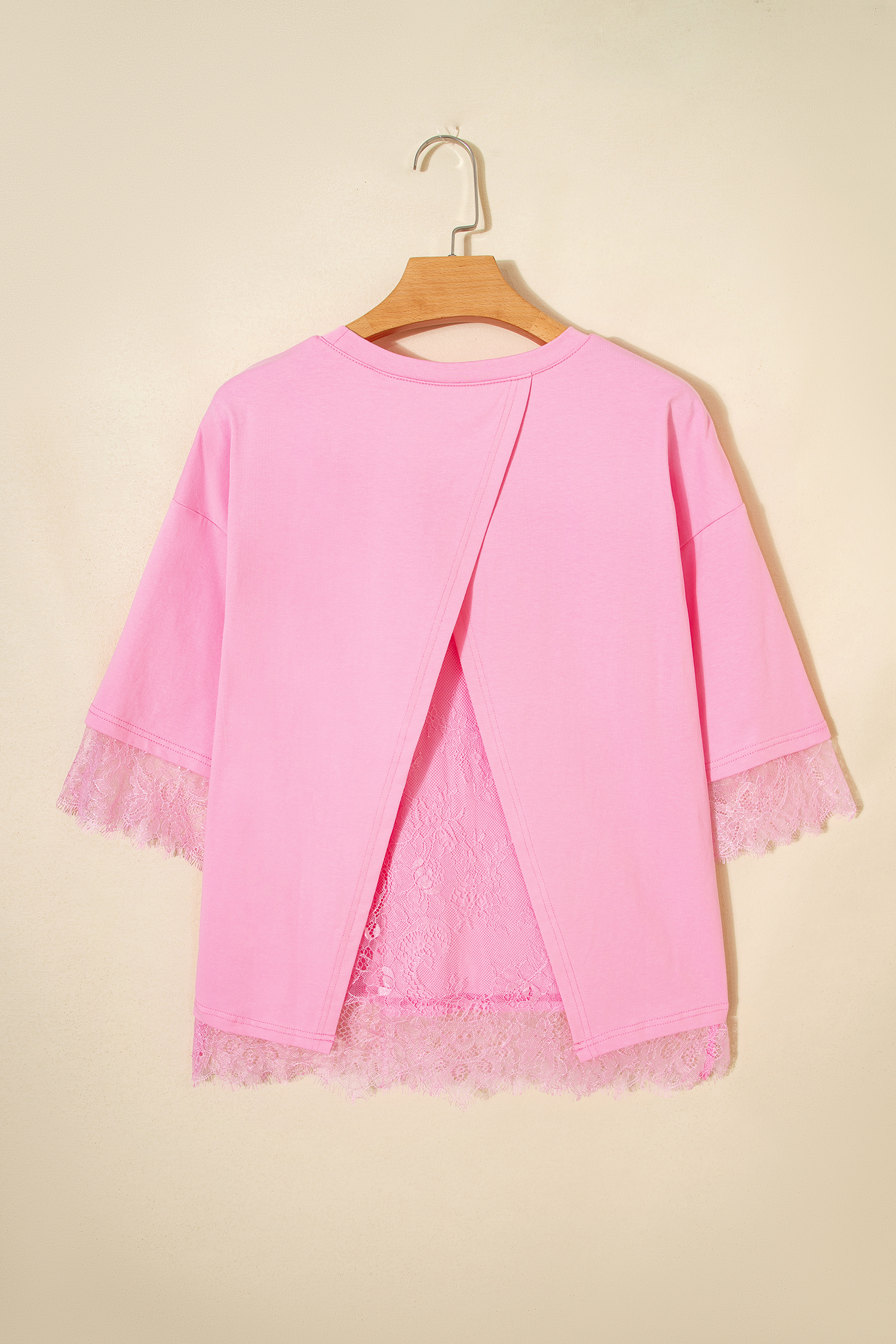 Pink Eyelash Floral Lace Patchwork Half Sleeve Oversize Tee - Image 6
