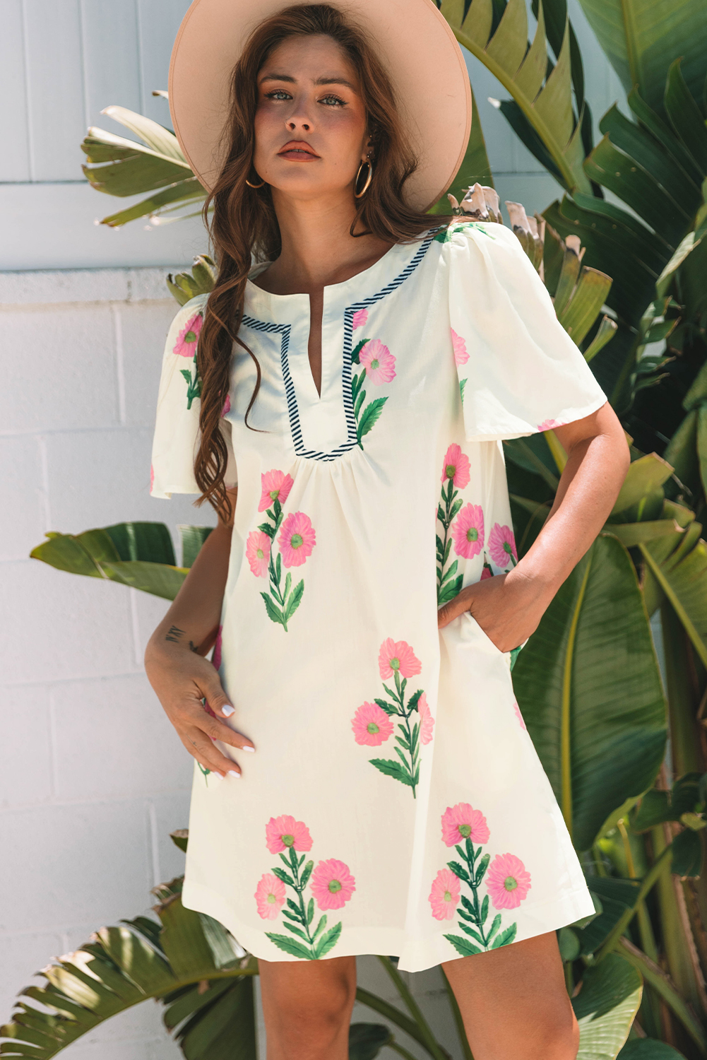 Apricot Floral Short Sleeve Split Neck Loose Mini Dress - Image 7