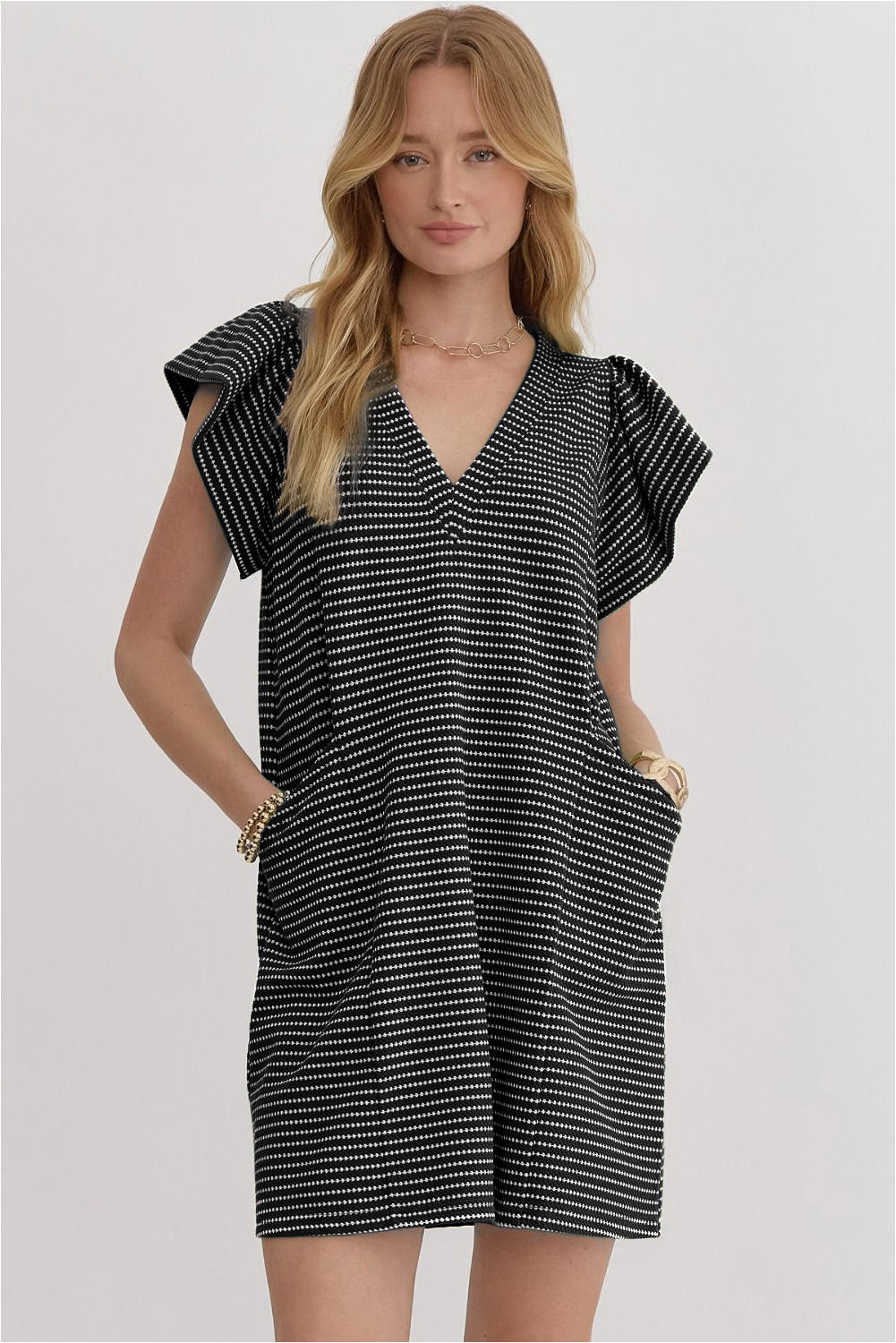 Black Stripe Textured Knit V Neck Flutter Sleeve Shift Mini Dress - Image 3