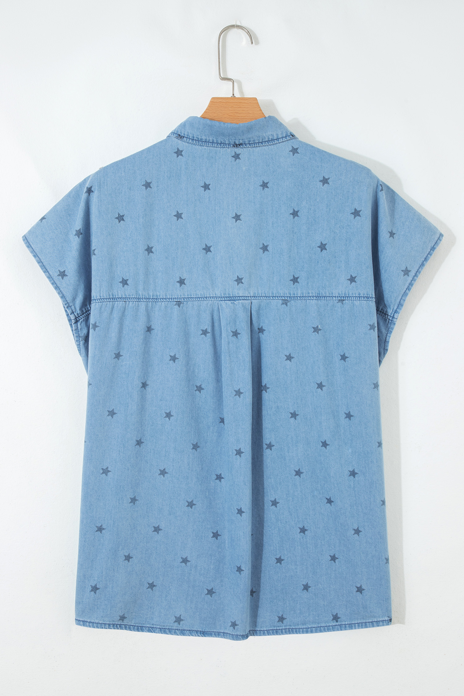 Beau Blue Star Allover Print Double Chest Pocket Short Sleeve Denim Shirt - Image 7