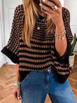 Black Stripe 3/4 Draped Sleeve Slouchy Sweater