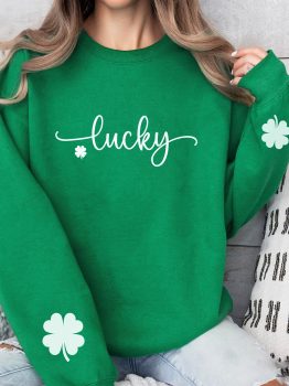 Dark Green Lucky Four Leaf Clover Graphic St Patricks Pullover Sweatshirt