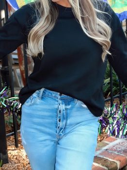 Black Solid Color Dropped Shoulder Long Sleeve Top