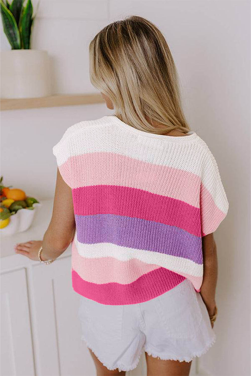 Pink Color Block Notch V Neck Sweater T Shirt - Image 6