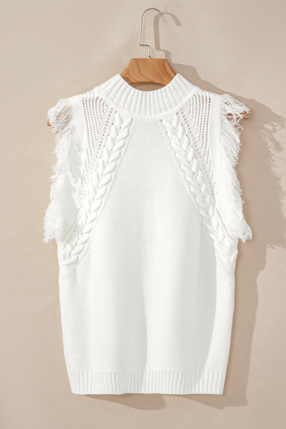 White Woven Tasseled Sleeveless Mock Neck Sweater Vest - Image 5