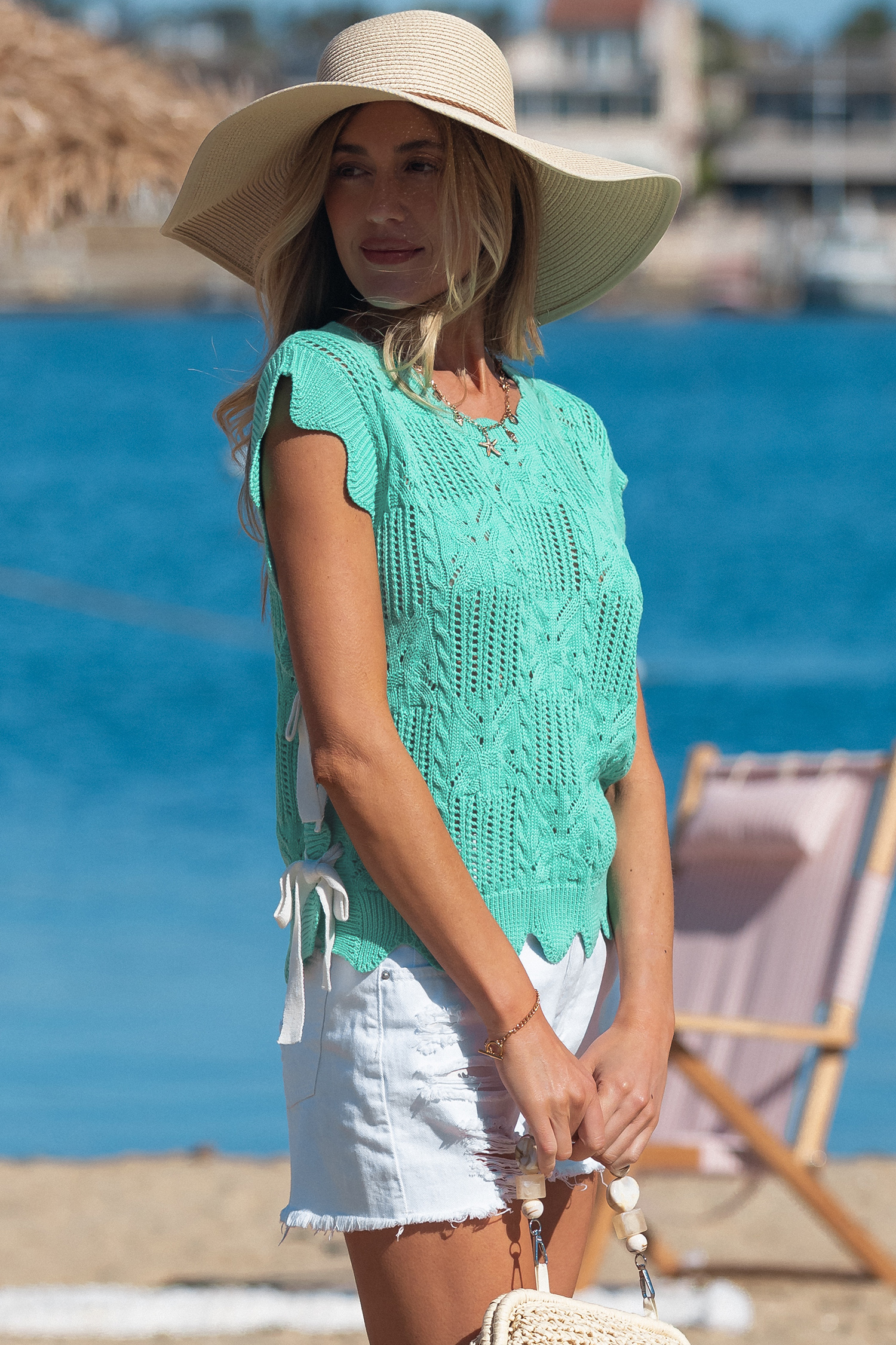 Mint Green Pointelle Knit Patterned Scalloped Trim Short Sleeve Sweater - Image 5