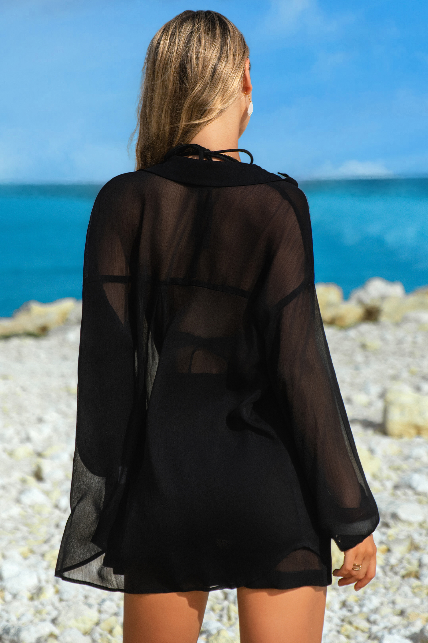 Black Sheer Tunic Shirt Drawstring Shorts 2pcs Swim Cover Up - Image 2
