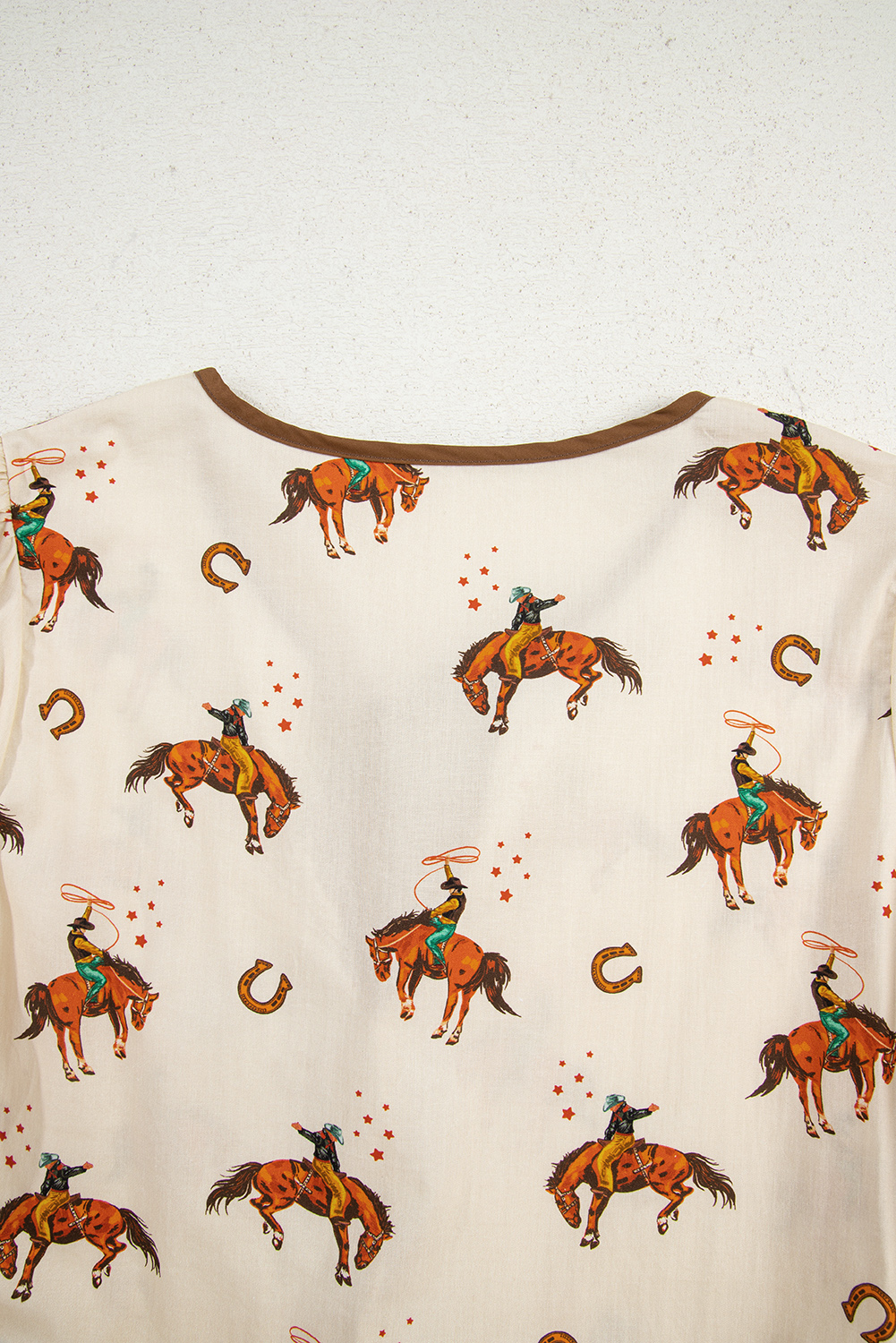 Apricot Cowboy Print Puff Sleeve Bowknot Peplum Blouse - Image 8