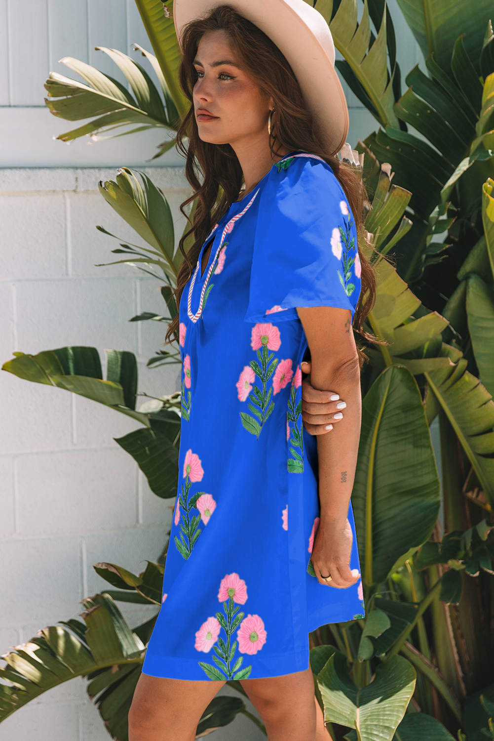 Blue Floral Short Sleeve Split Neck Loose Mini Dress - Image 3