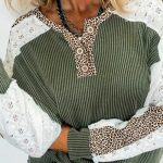 Vineyard Green Twisted Ribbed Leopard Lace Contrast Patchwork Long Sleeve Top