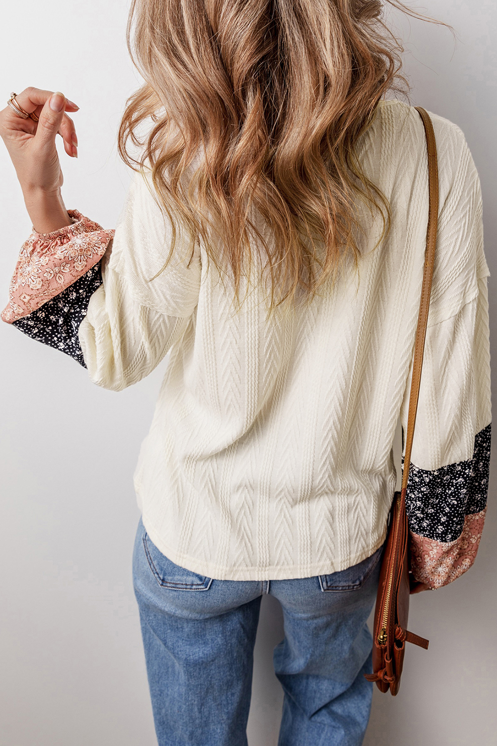 Beige Floral Patchwork Textured Knit Drawstring V Neck Blouse - Image 2