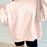 Light Pink Oversize Blessed Embroidered Mock Neck Sweatshirt