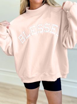 Light Pink Oversize Blessed Embroidered Mock Neck Sweatshirt