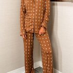 Brown Polka Dot Print Long Sleeve Shirt Pant 2pcs Pajama Set