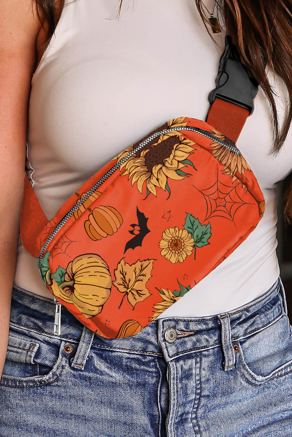 Orange Pumpkin Sunflower Halloween Graphic Crossbody Bag - Image 3