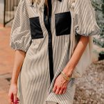 Black Stripe Color Block Patchwork Shirt Collar Button Down Puff Sleeve Mini Dress