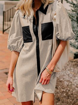Black Stripe Color Block Patchwork Shirt Collar Button Down Puff Sleeve Mini Dress