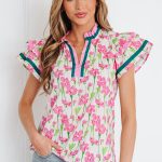 Pink Floral Print Contrast Trim V Neck Double Ruffled Short Sleeve Blouse