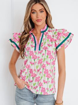 Pink Floral Print Contrast Trim V Neck Double Ruffled Short Sleeve Blouse