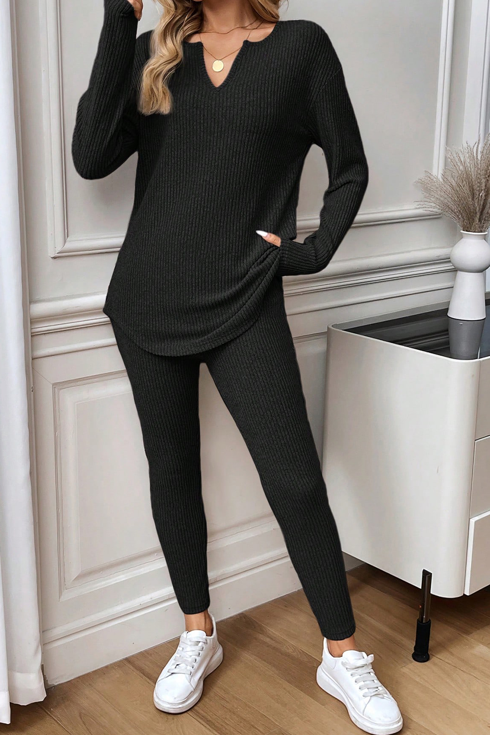 Black Ribbed Notched Neck Knit Long Sleeve Leggings Two Pieces Lounge Set - Image 6
