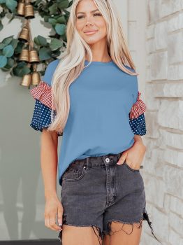 Beau Blue Stars Stripes Short Puff Sleeve Top