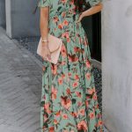 Green Fiery Floral Print Frilled V Neck Short Sleeve Maxi Dress
