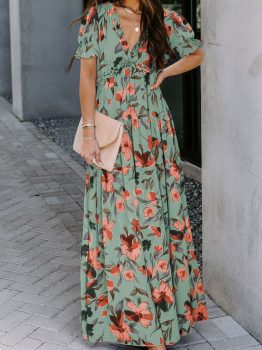 Green Fiery Floral Print Frilled V Neck Short Sleeve Maxi Dress