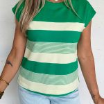 Green Stripe Mixed Print Crew Neck Cap Sleeve T Shirt