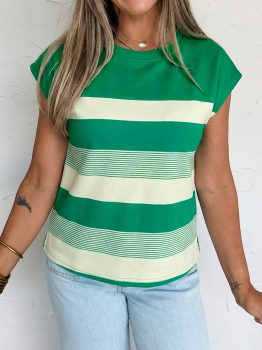 Green Stripe Mixed Print Crew Neck Cap Sleeve T Shirt