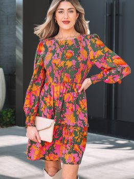 Multicolour Floral Print Long Sleeve Smocked Ruffled Mini Dress
