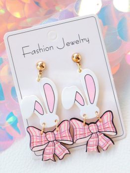 Pink Plaid Bow Easter Bunny Studded Earrings