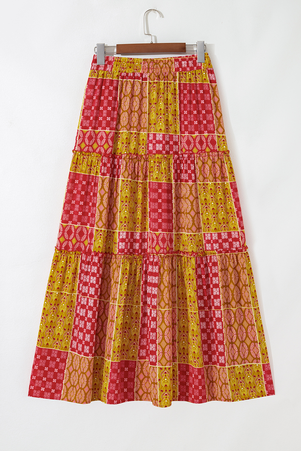 Orange Tiered Paisley Print Pocketed Maxi Skirt - Image 6