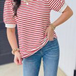 Red Stripe Contrast Trim Round Neck Short Puff Sleeve T Shirt