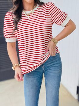 Red Stripe Contrast Trim Round Neck Short Puff Sleeve T Shirt