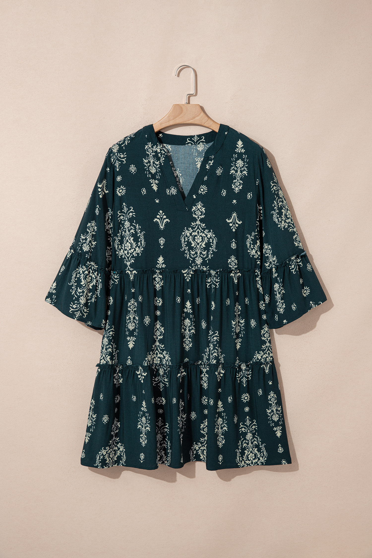 Blue Boho Floral Print Lettuce Trim 3/4 Sleeve Mini Dress - Image 3