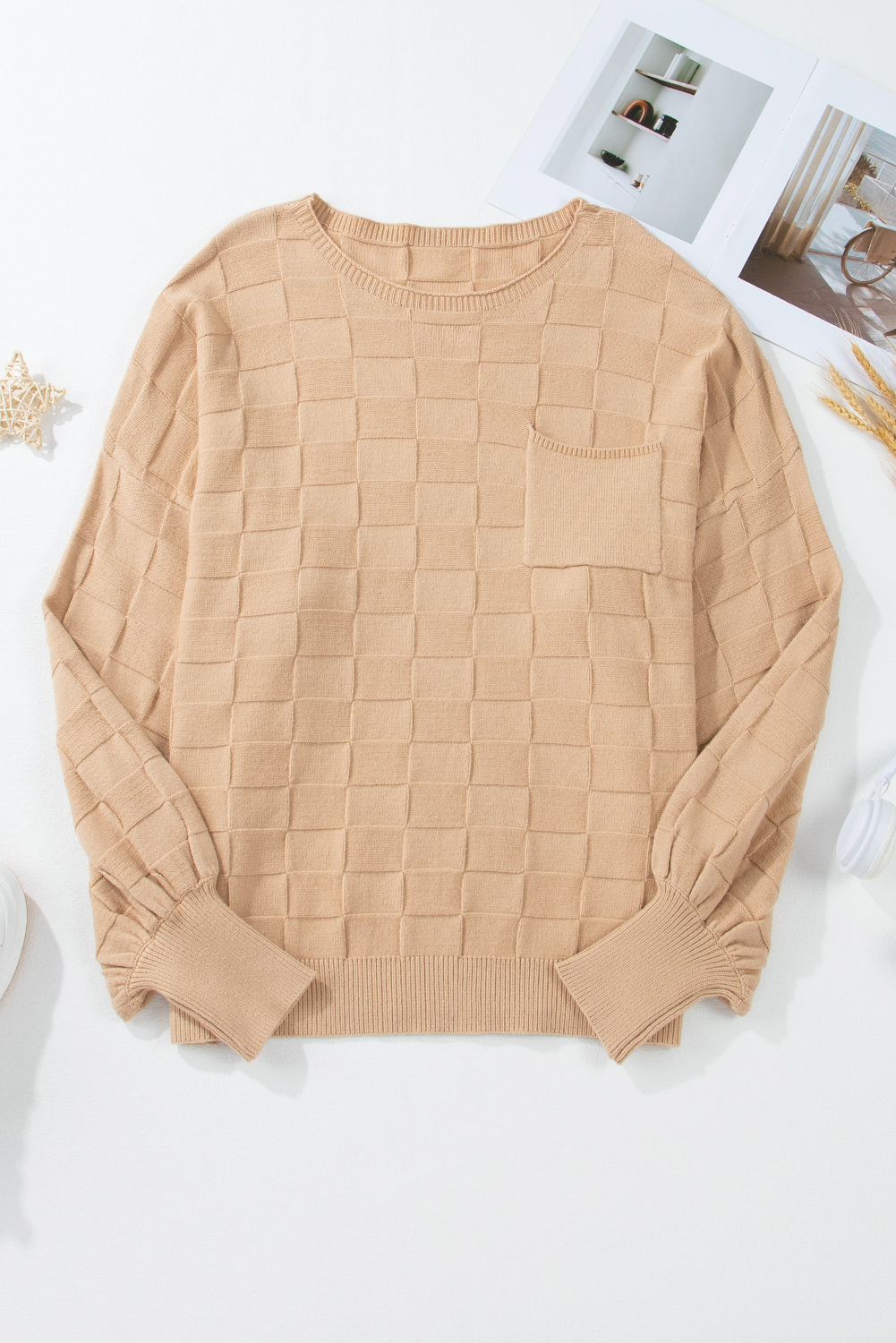 Light French Beige Solid Checkered Textured Knit Plus Size Sweater - Image 7