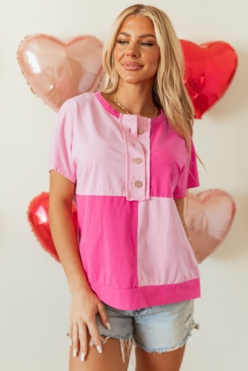 Pink Two Tone Half Buttons Collared T Shirt - Image 6