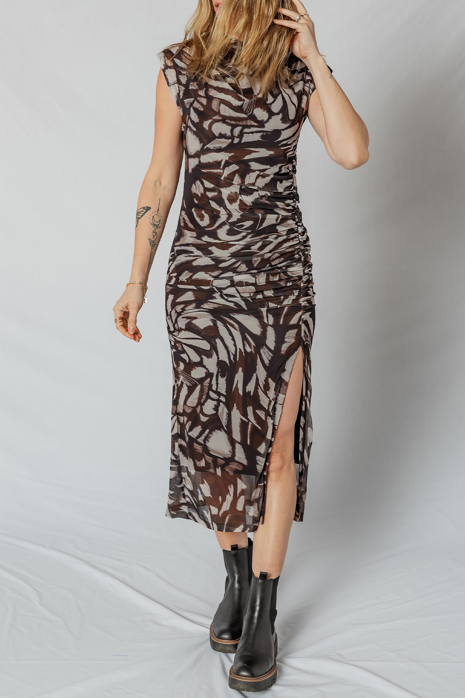 Brown Abstract Print Mesh Cowl Neck Cap Sleeve Ruched Midi Dress with Slit - Image 2