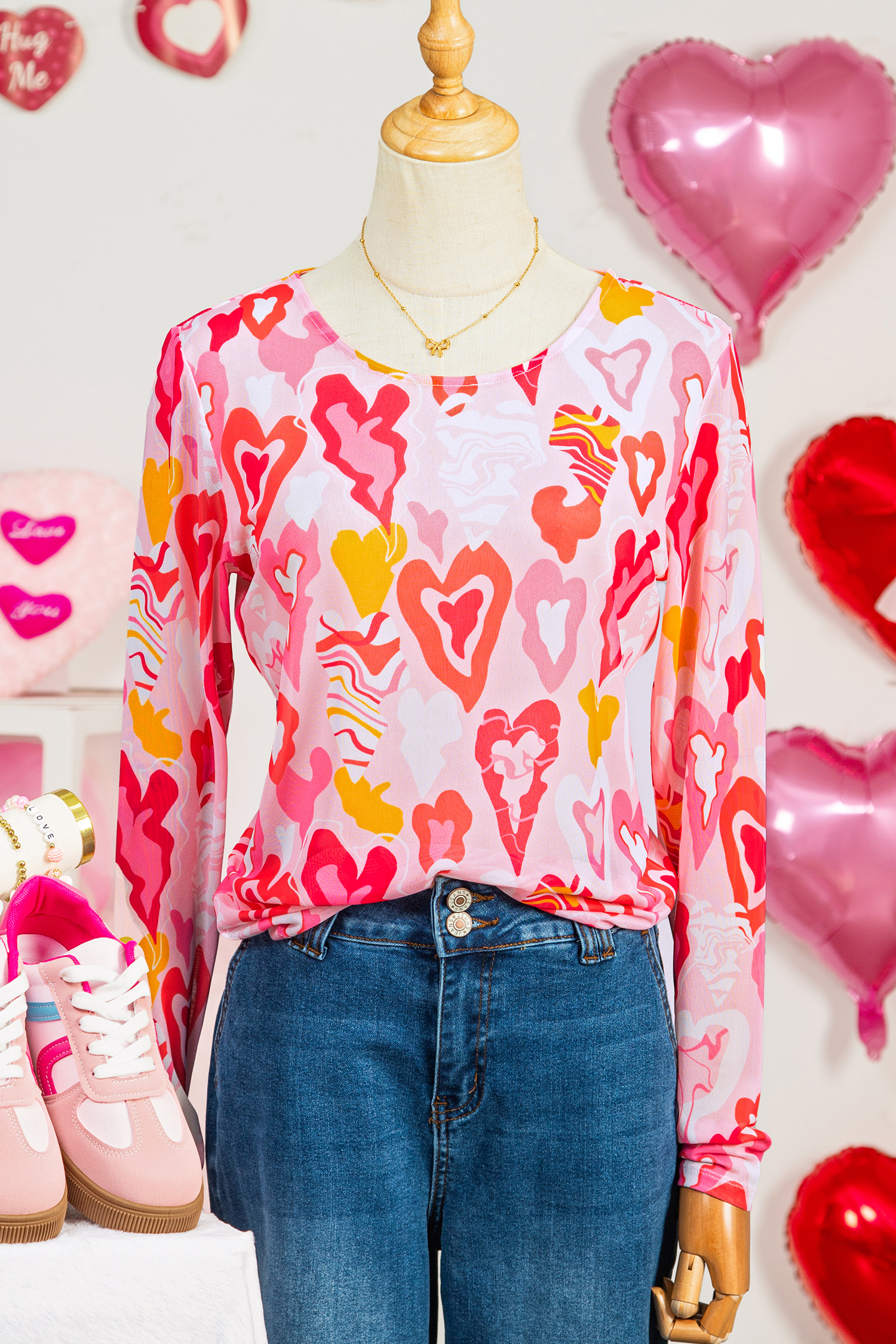 Rose Valentine Heart Mesh Long Sleeve Top - Image 4