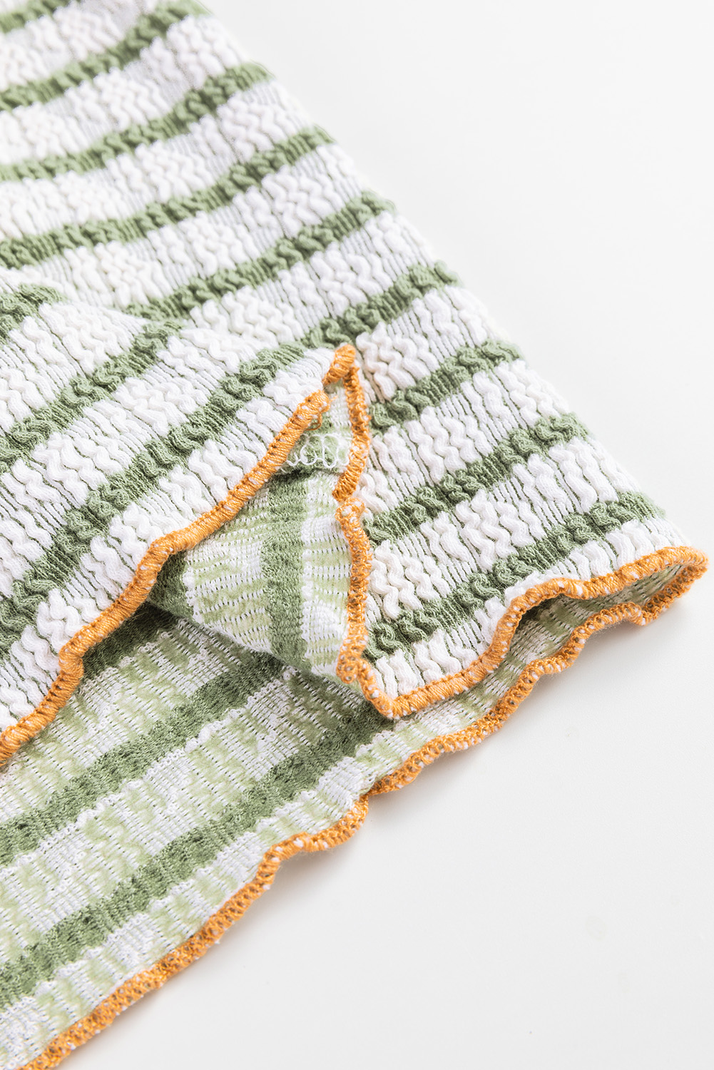 Green Stripe Textured Frilly Trim Buttons Henley Long Sleeve Top - Image 8