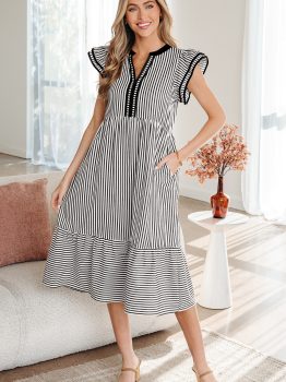 Black Stripe Double Ruffled Short Sleeve Contrast Trim V Neck Midi Dress