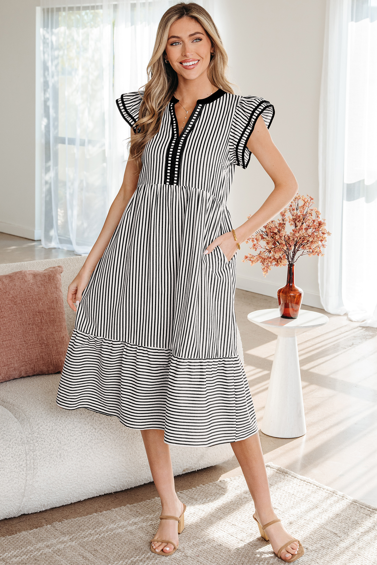 Black Stripe Double Ruffled Short Sleeve Contrast Trim V Neck Midi Dress